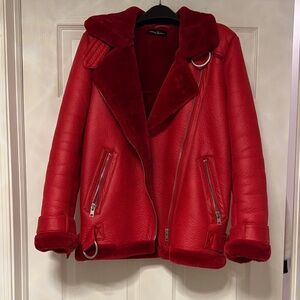 Vibrant Red Ecco Leather Jacket with Shearling Trim,Large.